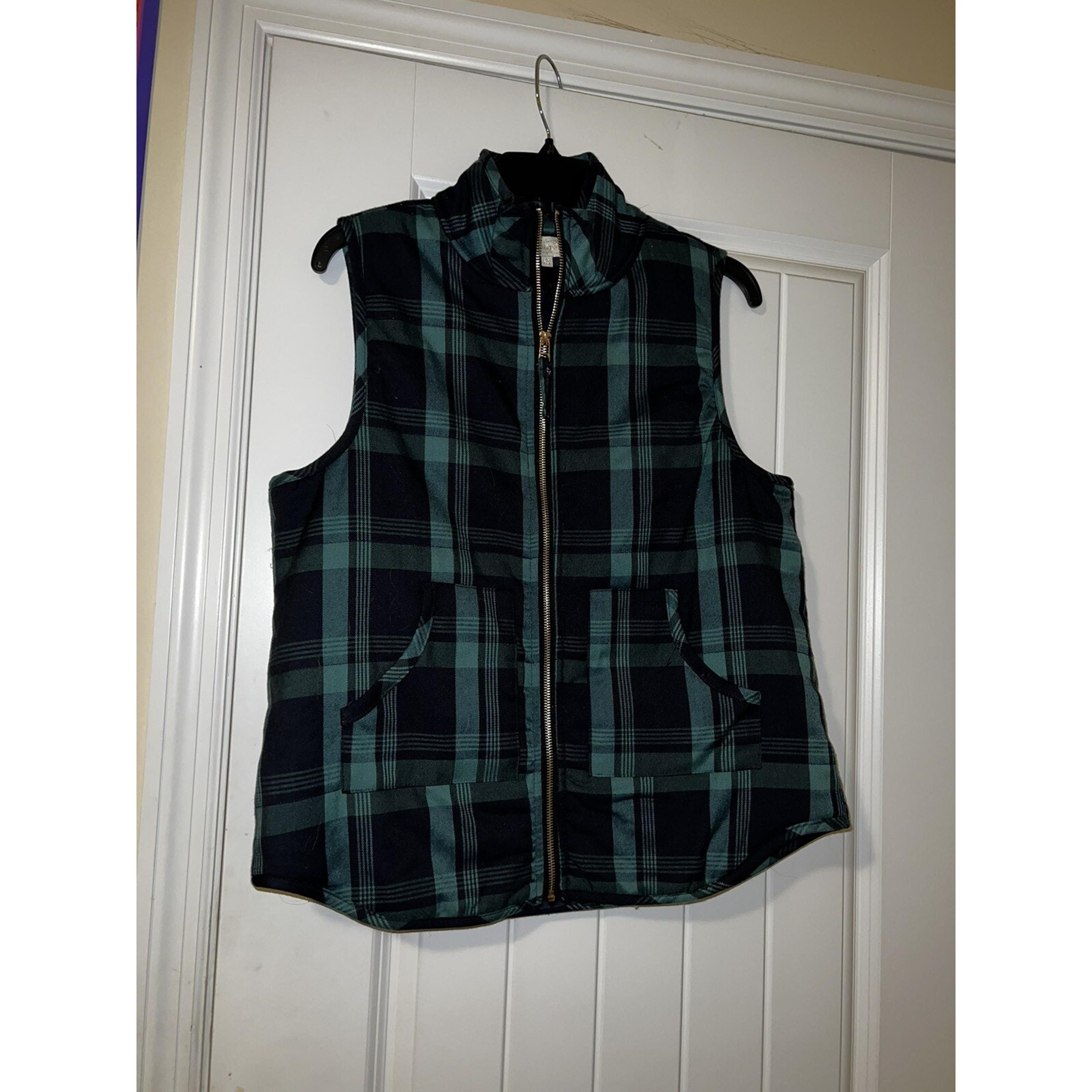 Mudpie womens blue green plaid sleeveless vest full zip fall essential MED