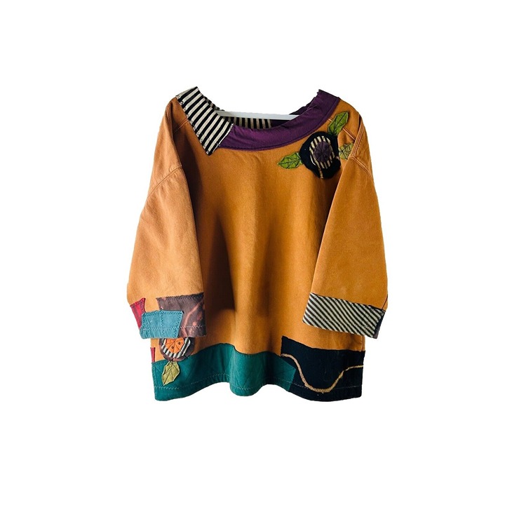 Vintage 90s Womens Medium Rainbow Patchwork Baggy Tunic Shirt Artsy Lagenlook