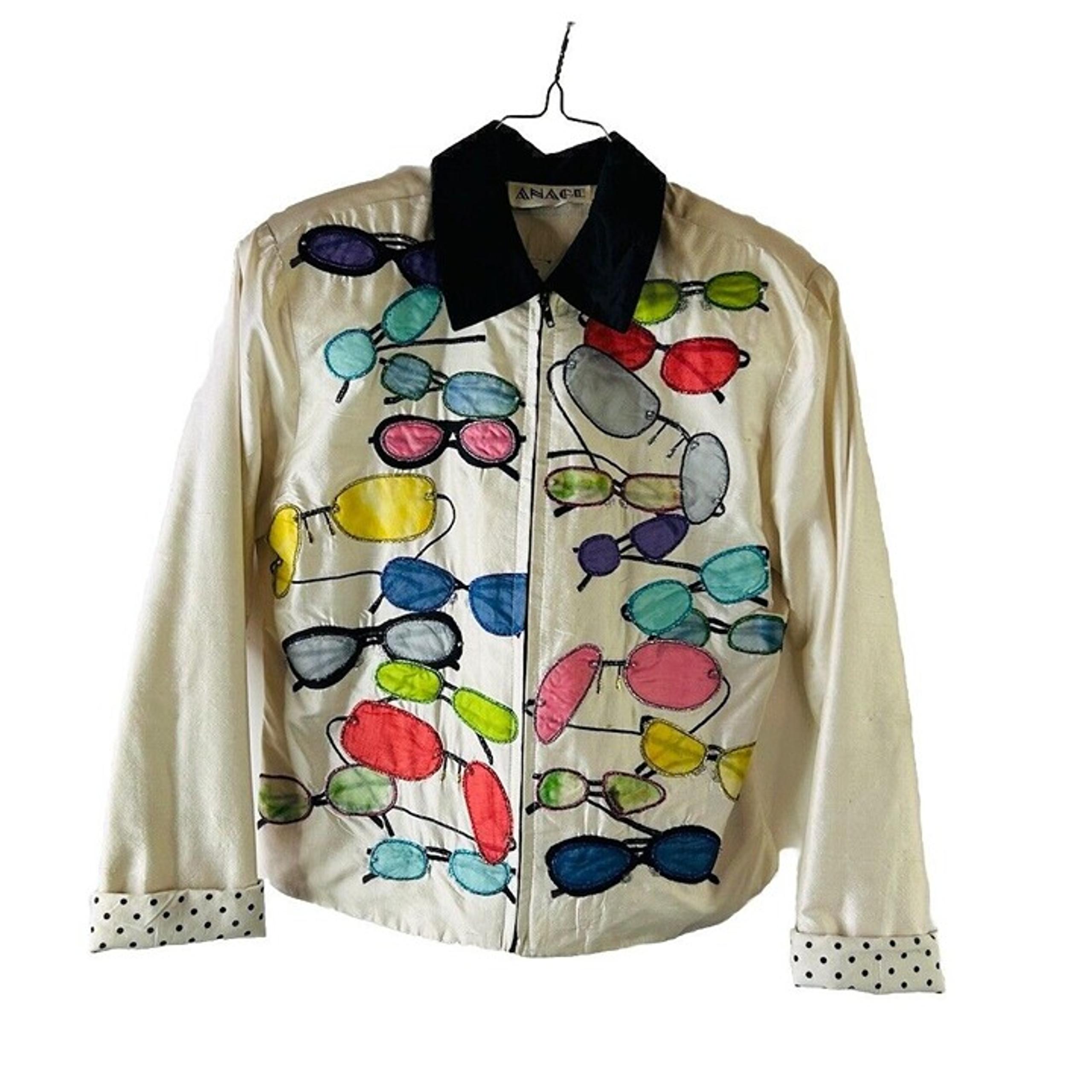 VTG 80s Womens XS Silk Rainbow Sunglasses Embroidered Zip Novelty Jacket Artsy