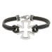 Stainless Steel Antiqued and Polished Cross Black Leather 8.25 inch Bracelet