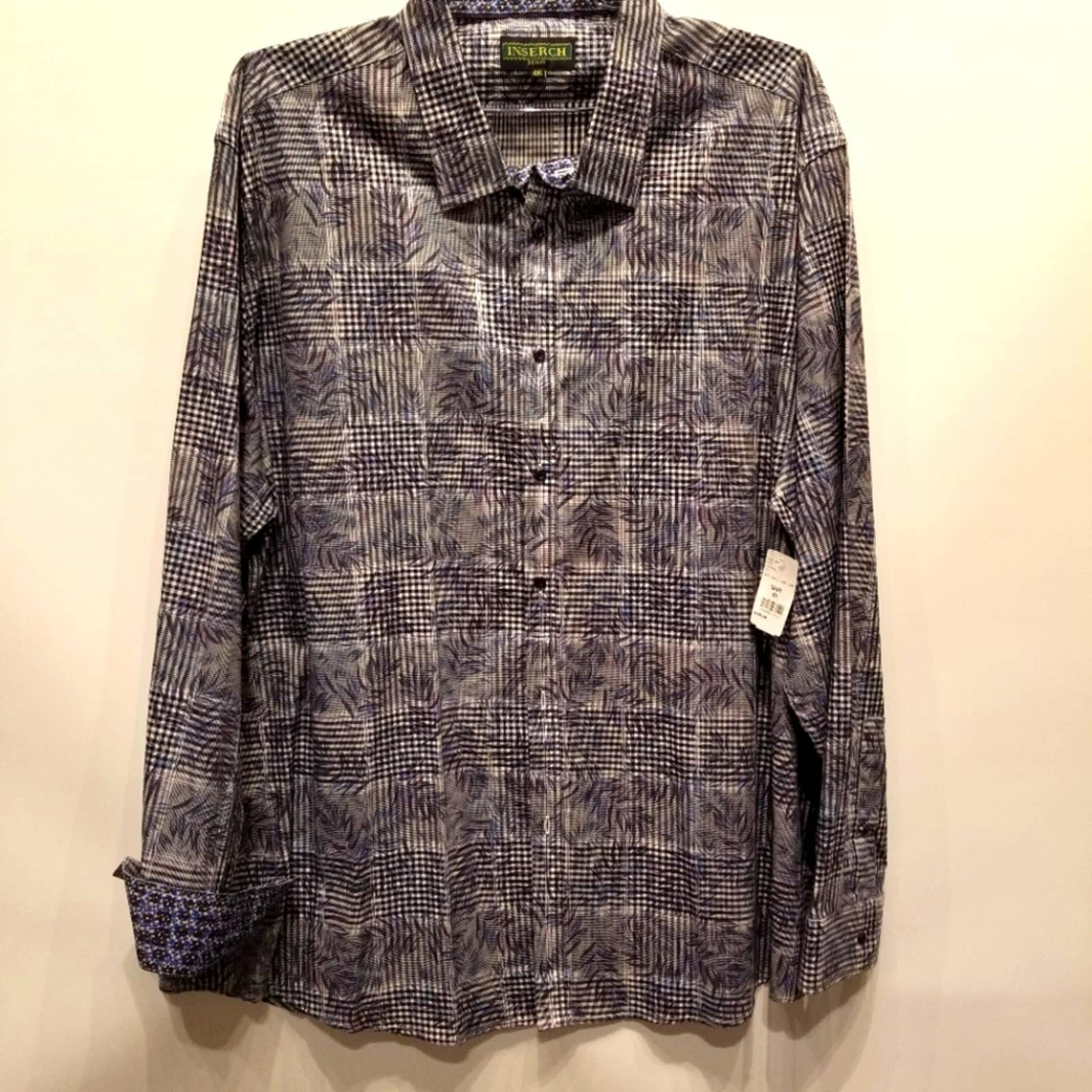 Inserch Icon NEW Navy Plaid Leaf Cotton Men's Dress Shirt Plus Size 4XL