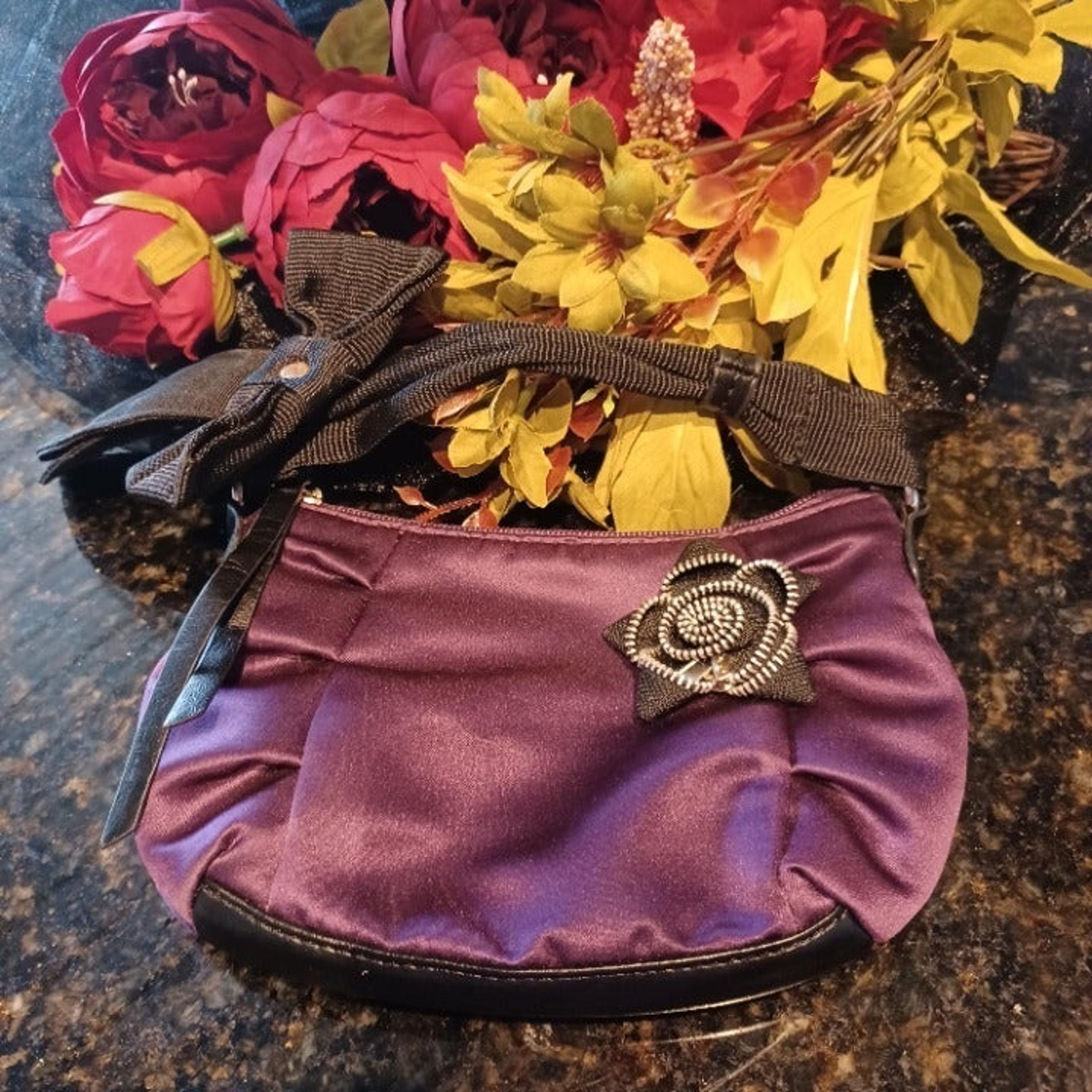 CANDIE'S Purple Black Mini Hobo Satchel Flower Bow Accent Shoulder Handbag