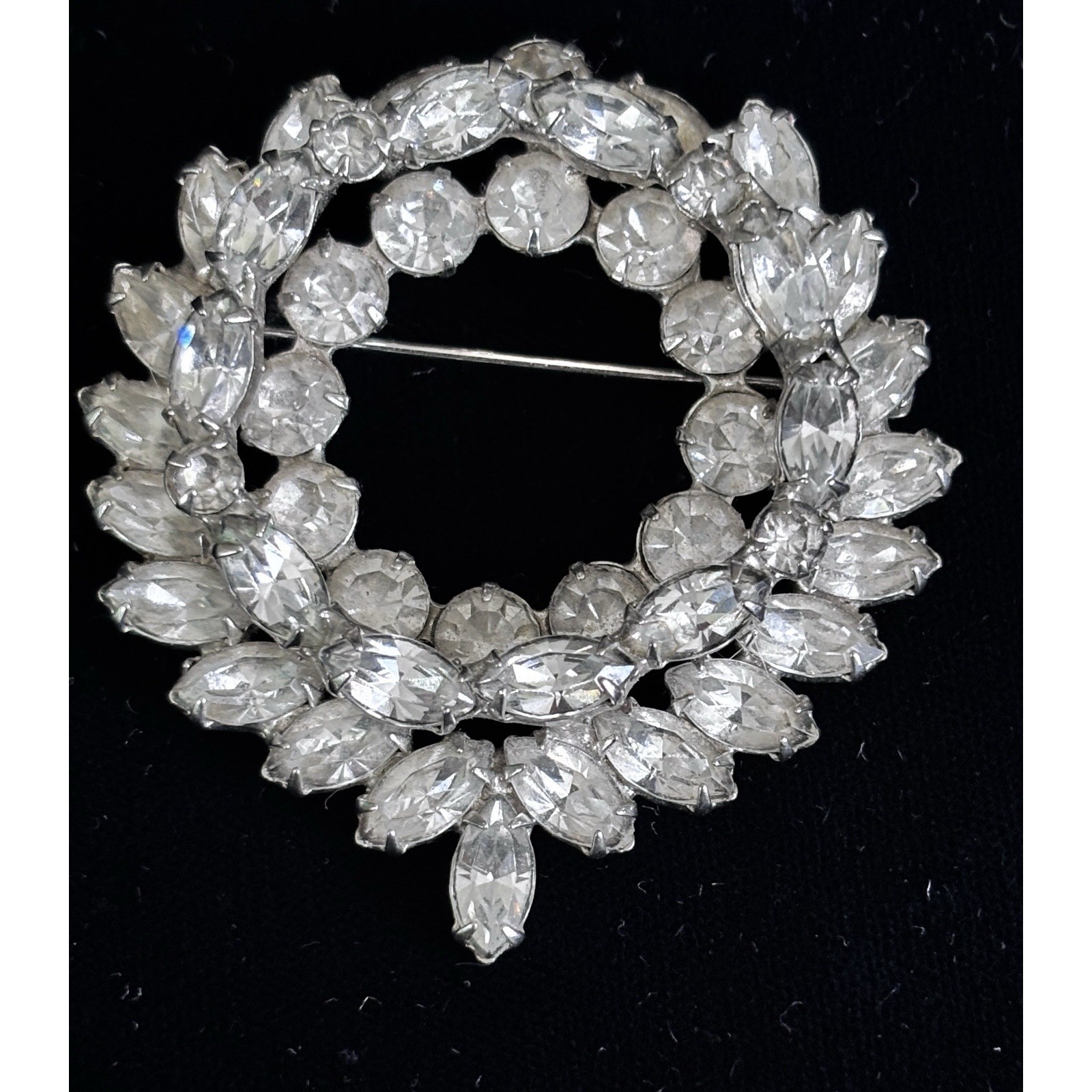 Vintage KRAMER OF NEW YORK Rhinestone 2 tier Wreath Brooch Pin 2 1/4"