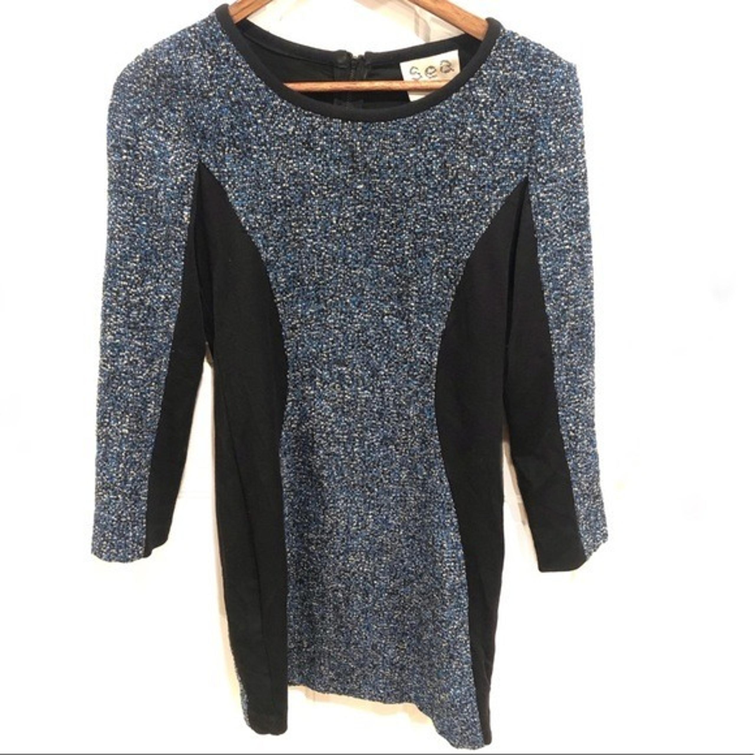 Sea New York Illusion Dress Blue Wool Black Slimming Details Shift Sheath Tweed