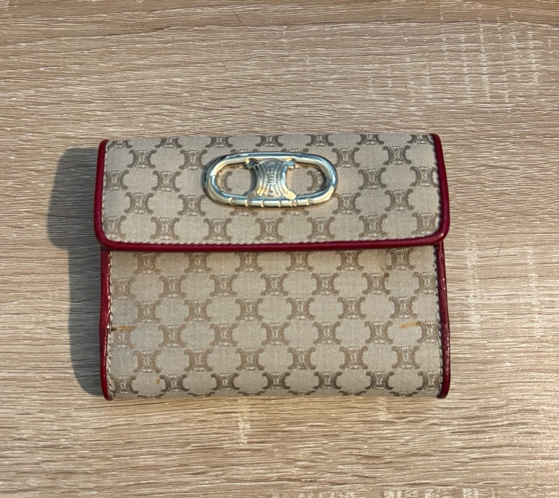 Vintage Céline Macadam Triomphe Canvas Wallet – Red Leather Trim