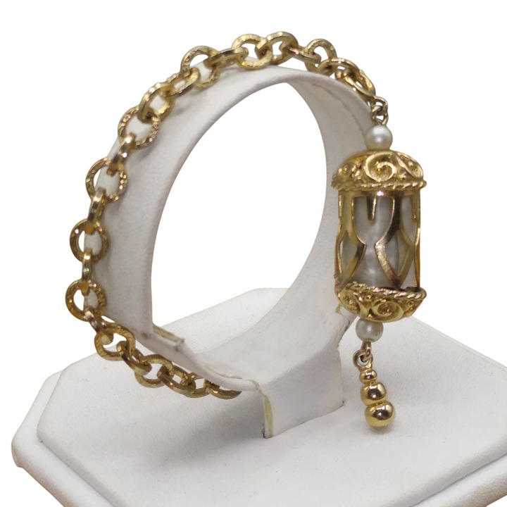 Vintage Emmons Magic Lantern Bracelet, Textured Links Chain with Mother of Pearl