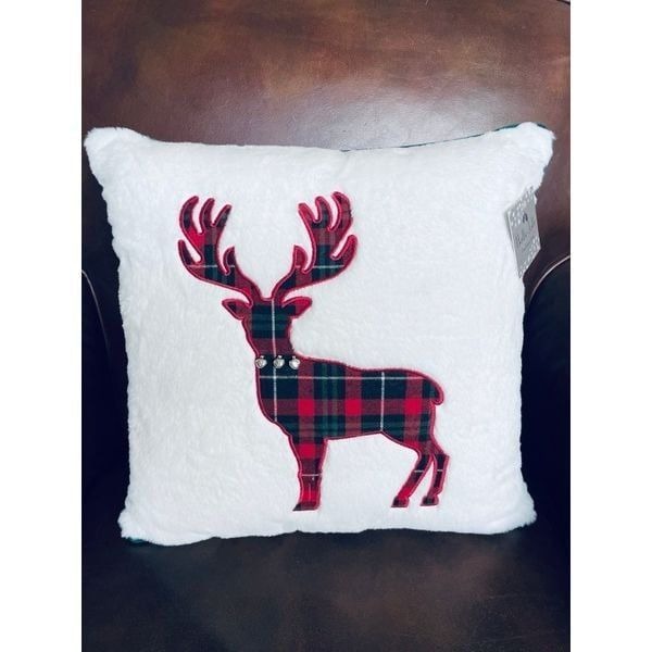 Christmas Plaid Reindeer Deer Faux Fur Throw Pillow