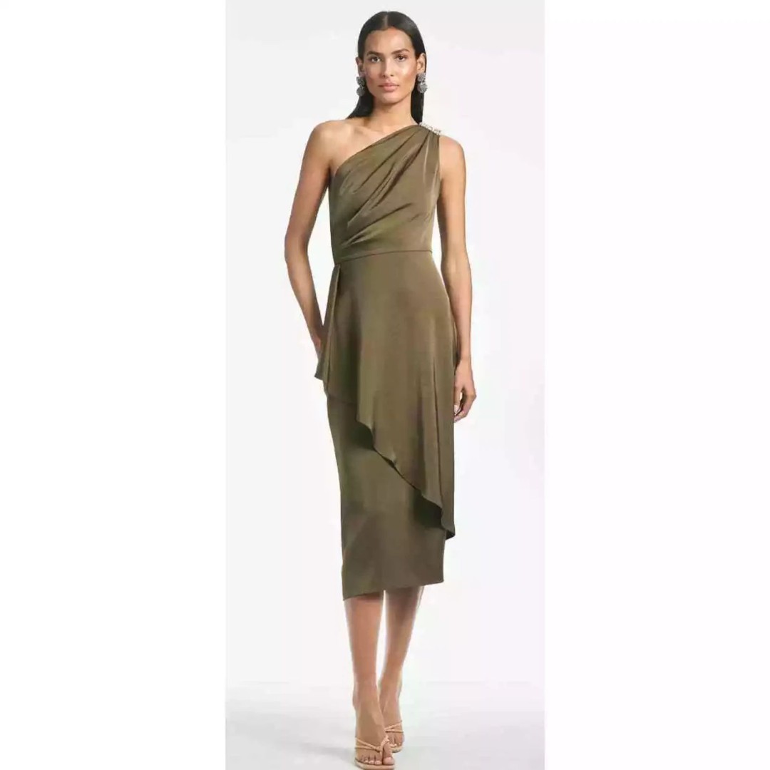 Sachin & Babi Evangeline Jeweled One shoulder Midi Dress - Olive 2