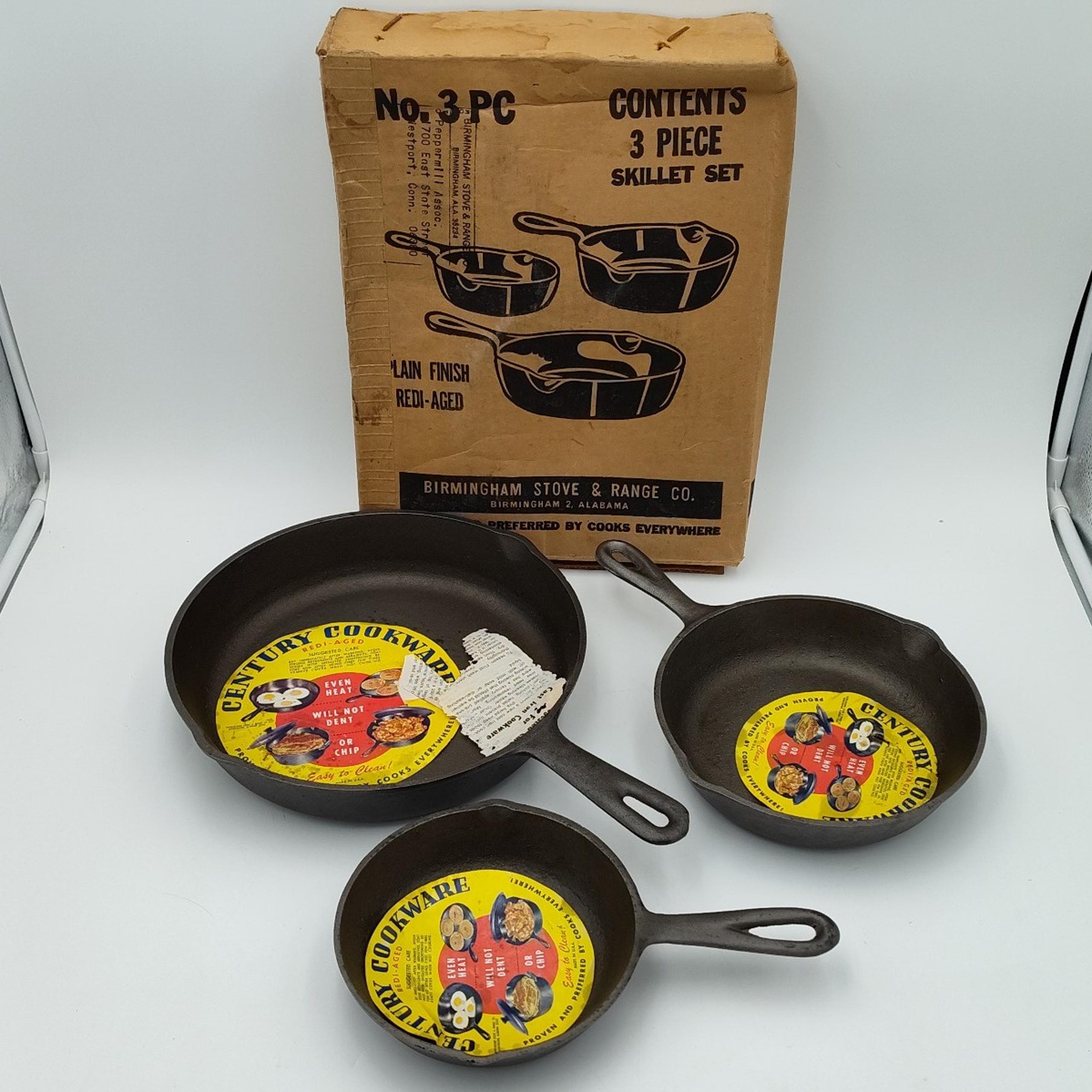 Set of 3 Birmingham Stove & Range BSR "Century" Cast Iron skillets  New/Open Box