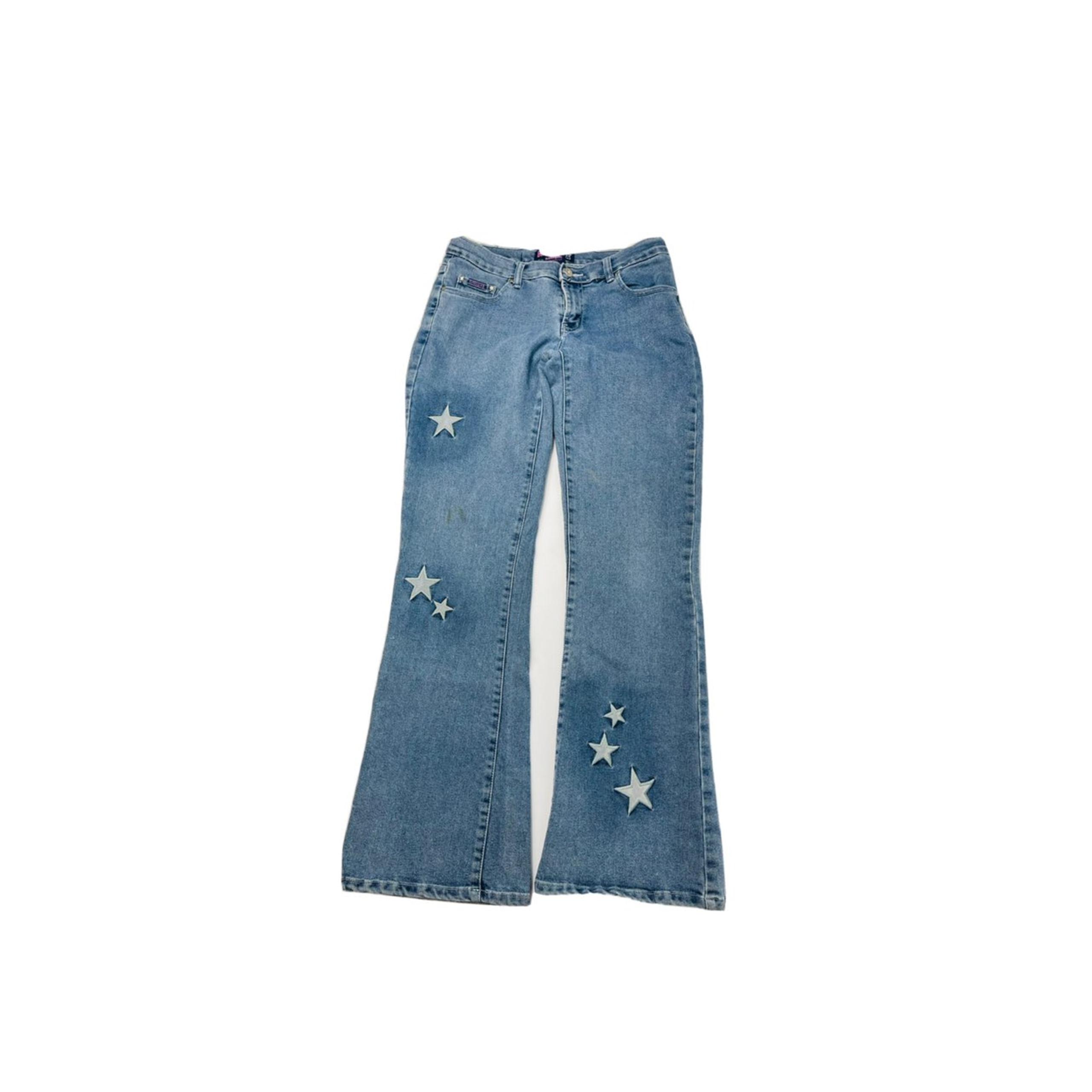 VTG 90s Star Patch Distressed Mid Rise Flare Jeans Womens 10