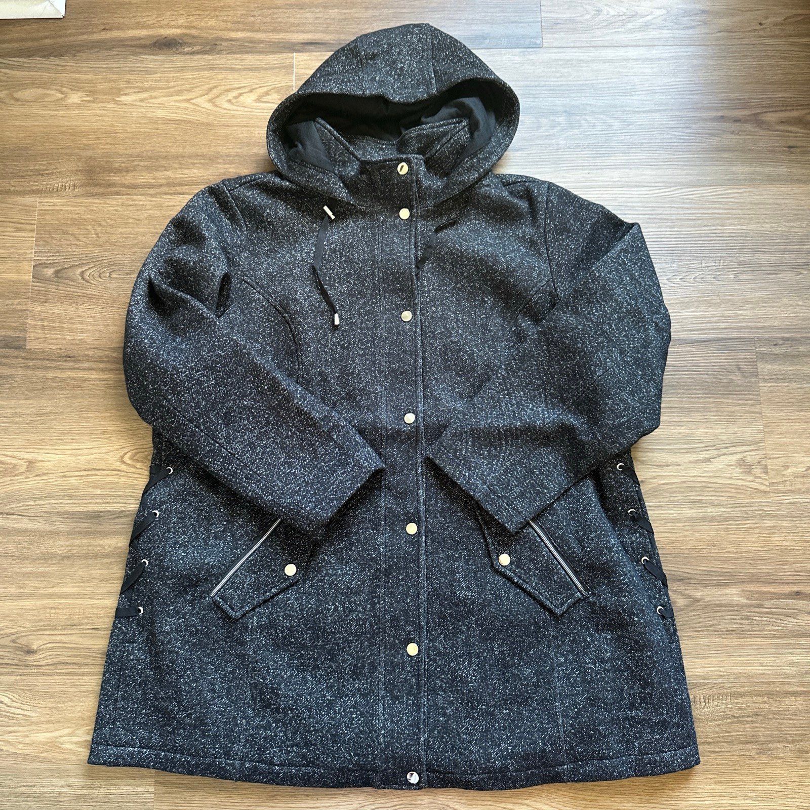 Susan Graver Women's Tweed Hooded Coat SZ 1X Winter Career Teacher Gorpcore EUC