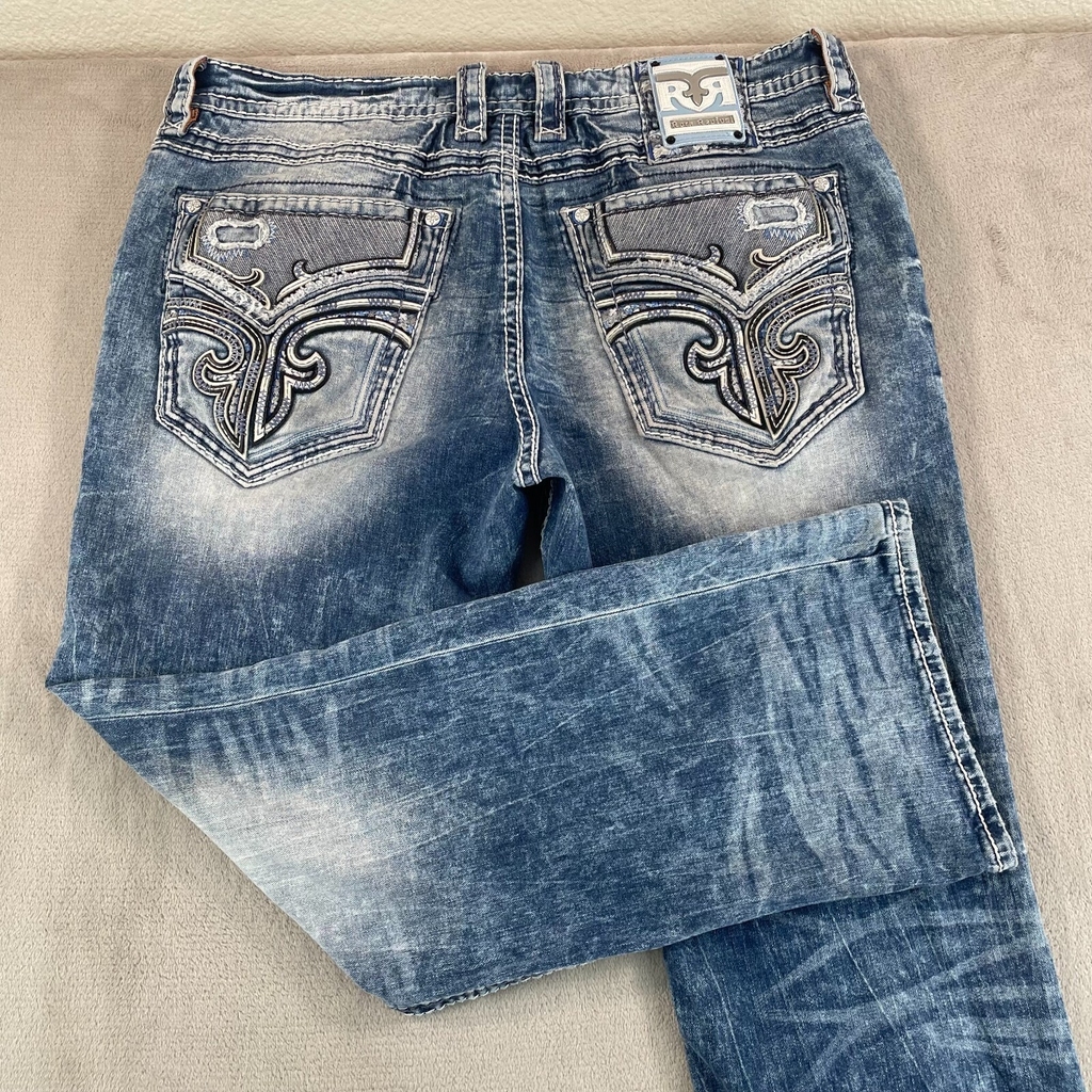 Rock Revival Jeans Mens 40x33 Blue Acid Wash BootCut Whiskering Contrast Stitch