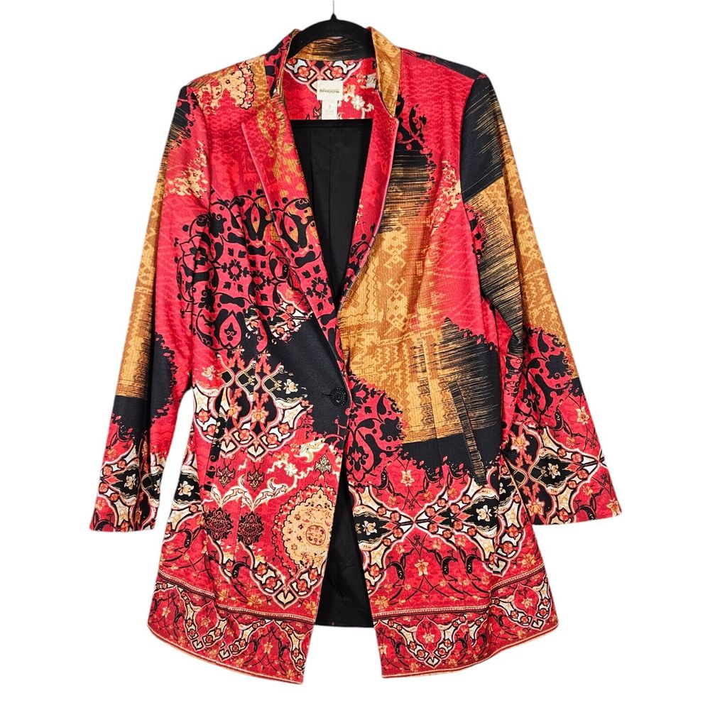 NWOT Chico's Printed Statement Jacket Button Blazer Black Red sz 1 M Art to Wear