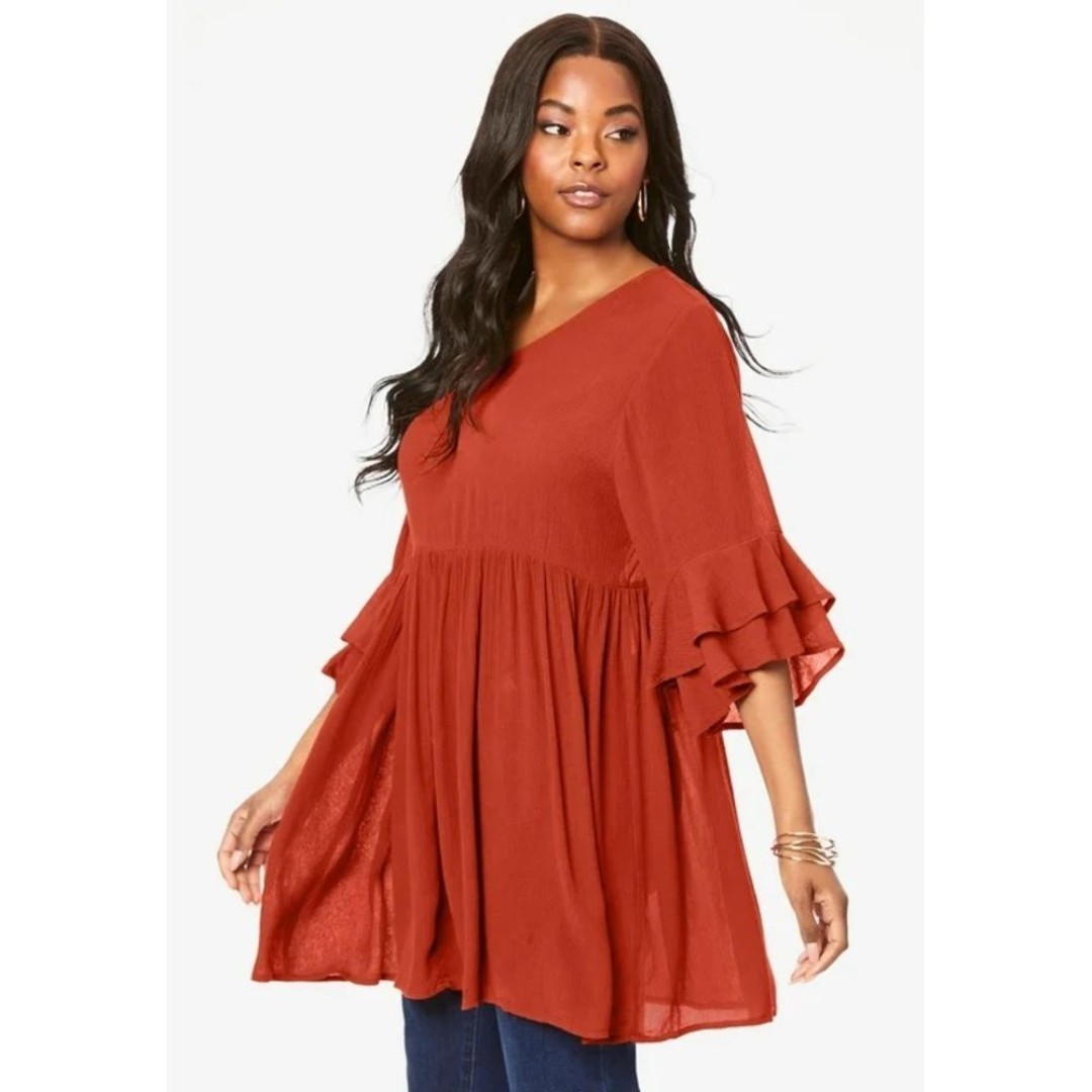 Roaman's Women's Plus Size Flutter Sleeve Big Shirt Tunic Copper Red 28W