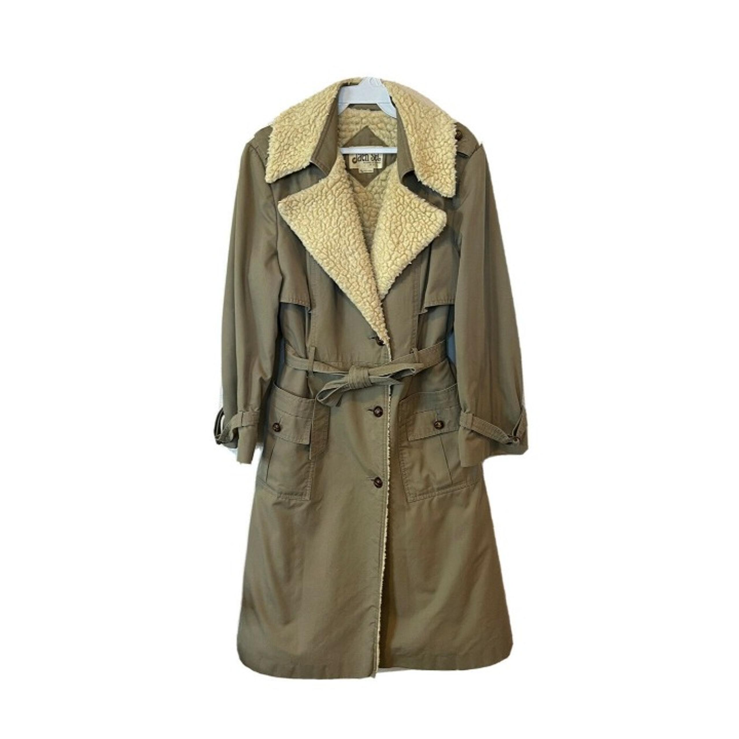 Vintage Womens 13/14 Sherpa Collar Belted Trench Coat Brown