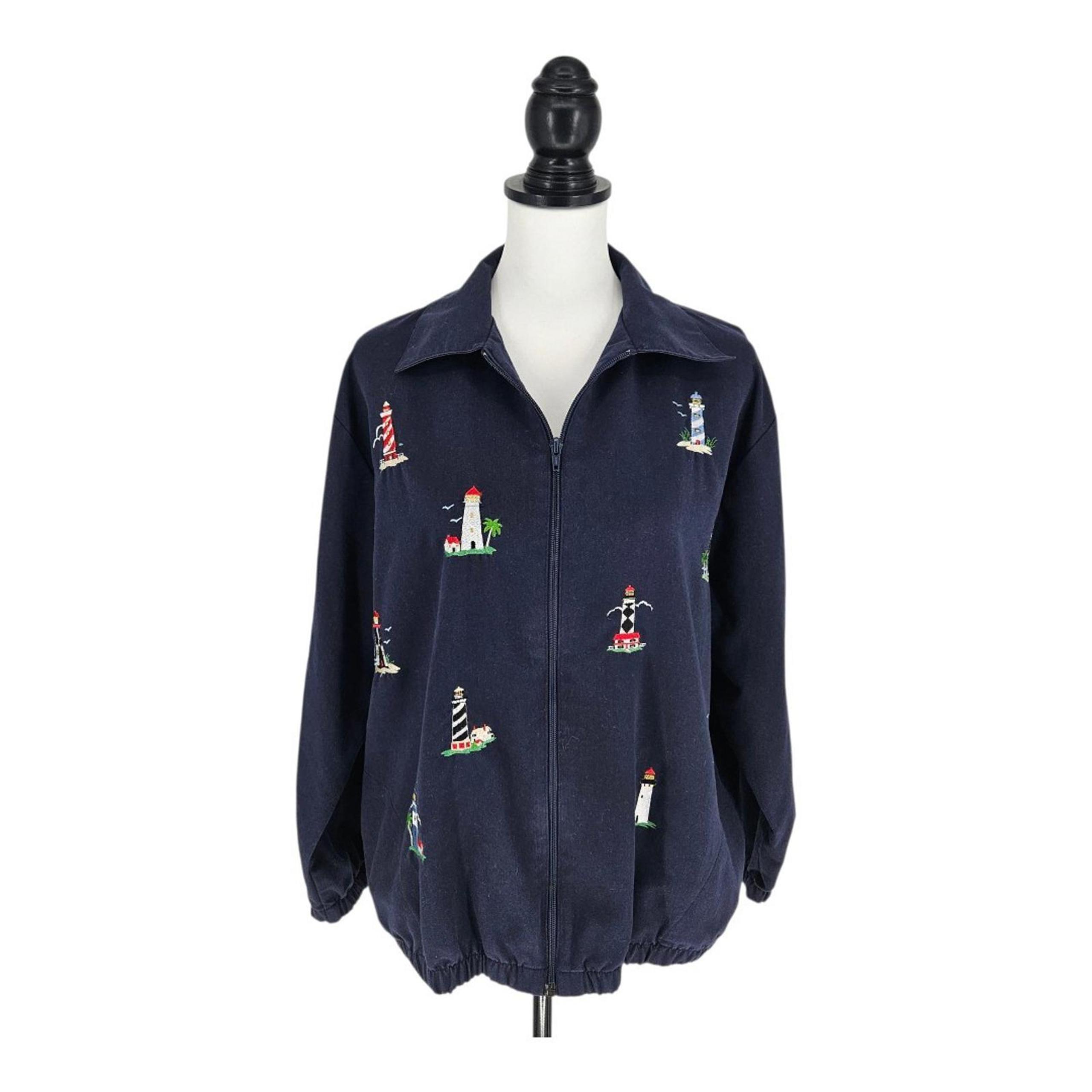 Vintage Bonworth Navy Embroidered Light Houses Zip Jacket Pockets Womens Size PM