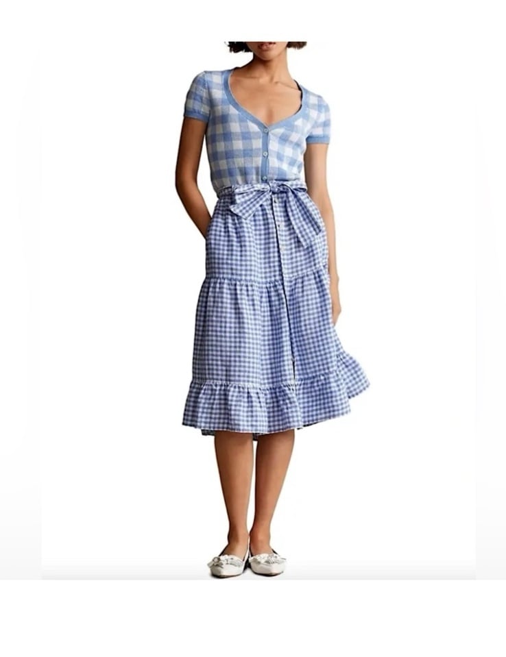NWT Polo By Ralph Lauren Women's Gingham Tiered Layered Linen Midi Skirt size 4
