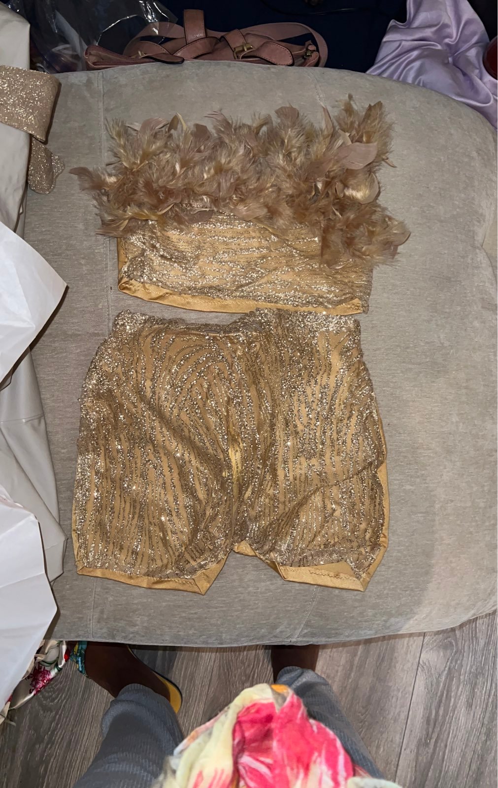 Sequin and fur 2 piece sexy womans short set