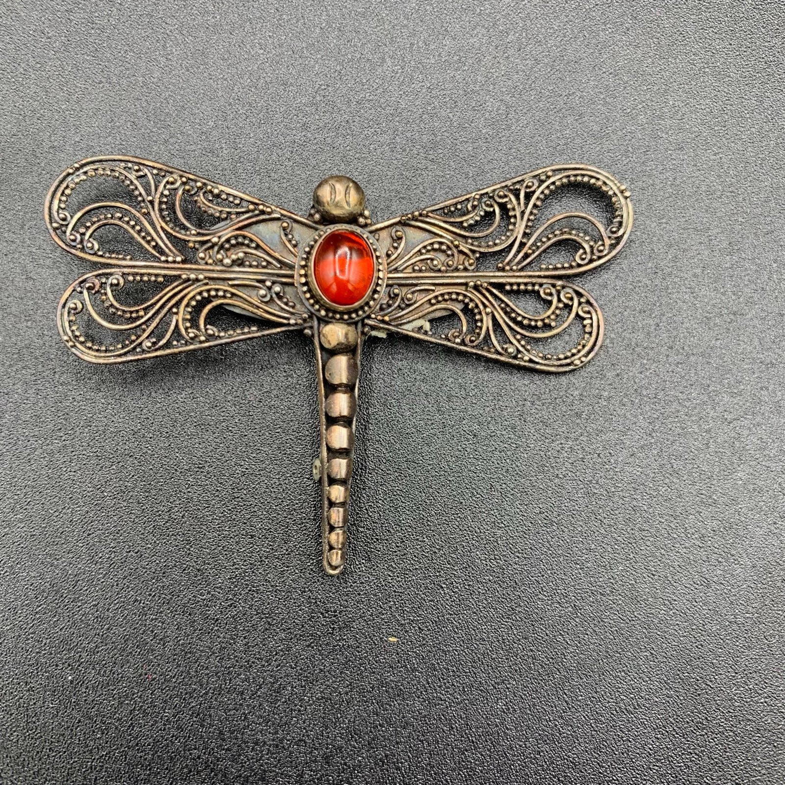 925 Sterling silver Amber Dragonfly Filigree Modernist Vintage Brooch Pin