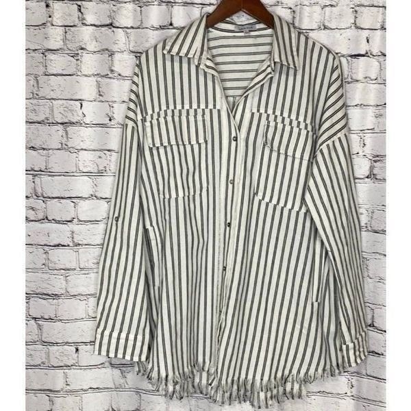 White Birch Destructed Hem Striped Button Down Shirt Shacket w/ Pockets Black L