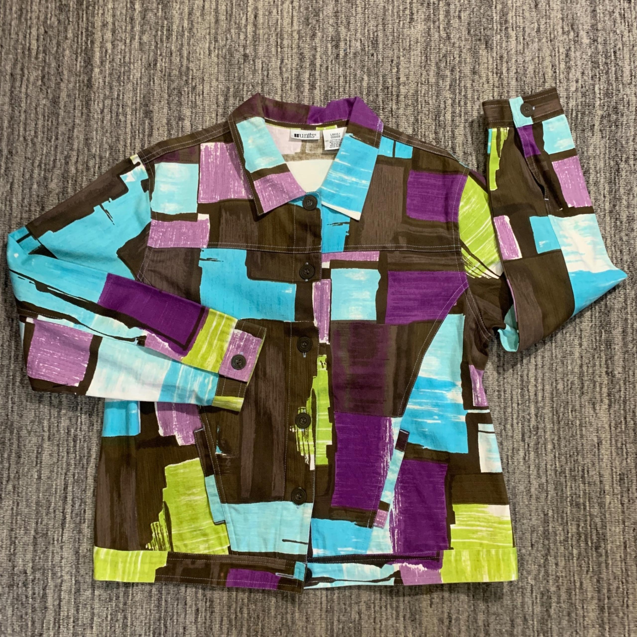 Units Women's Large Jacket Abstract Print Button Front Colorful Cotton Blend