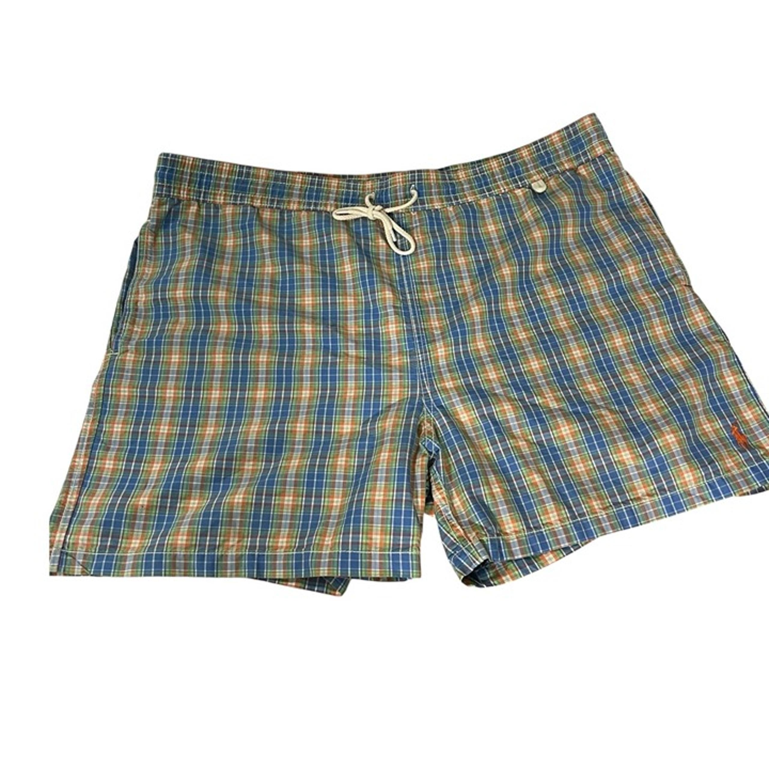 POLO RALPH LAUREN Mens Shorts Large Blue Green Plaid Swim Trunks Drawstring Logo