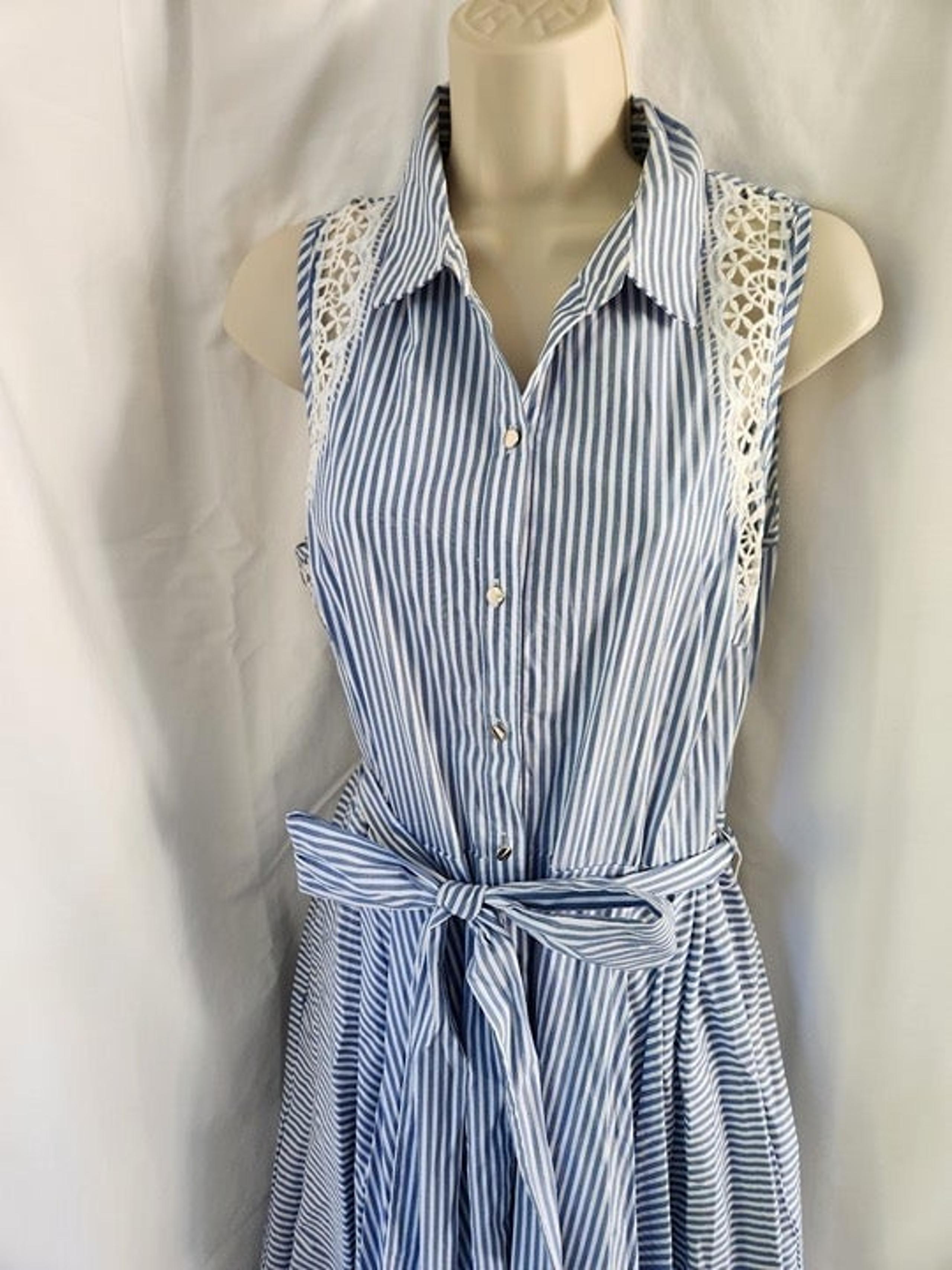 Ivanka Trump Blue and White Striped Garden Party Dress with Lace - Size 8