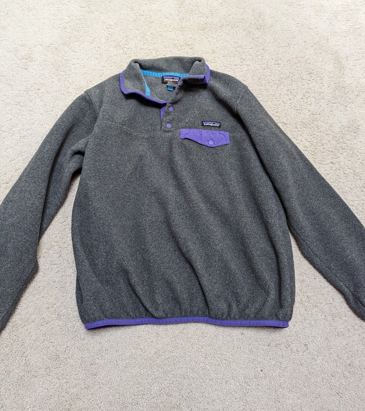 Patagonia Synchilla Pullover Women Sz Medium Snap-T Fleece Gray Purple Jacket