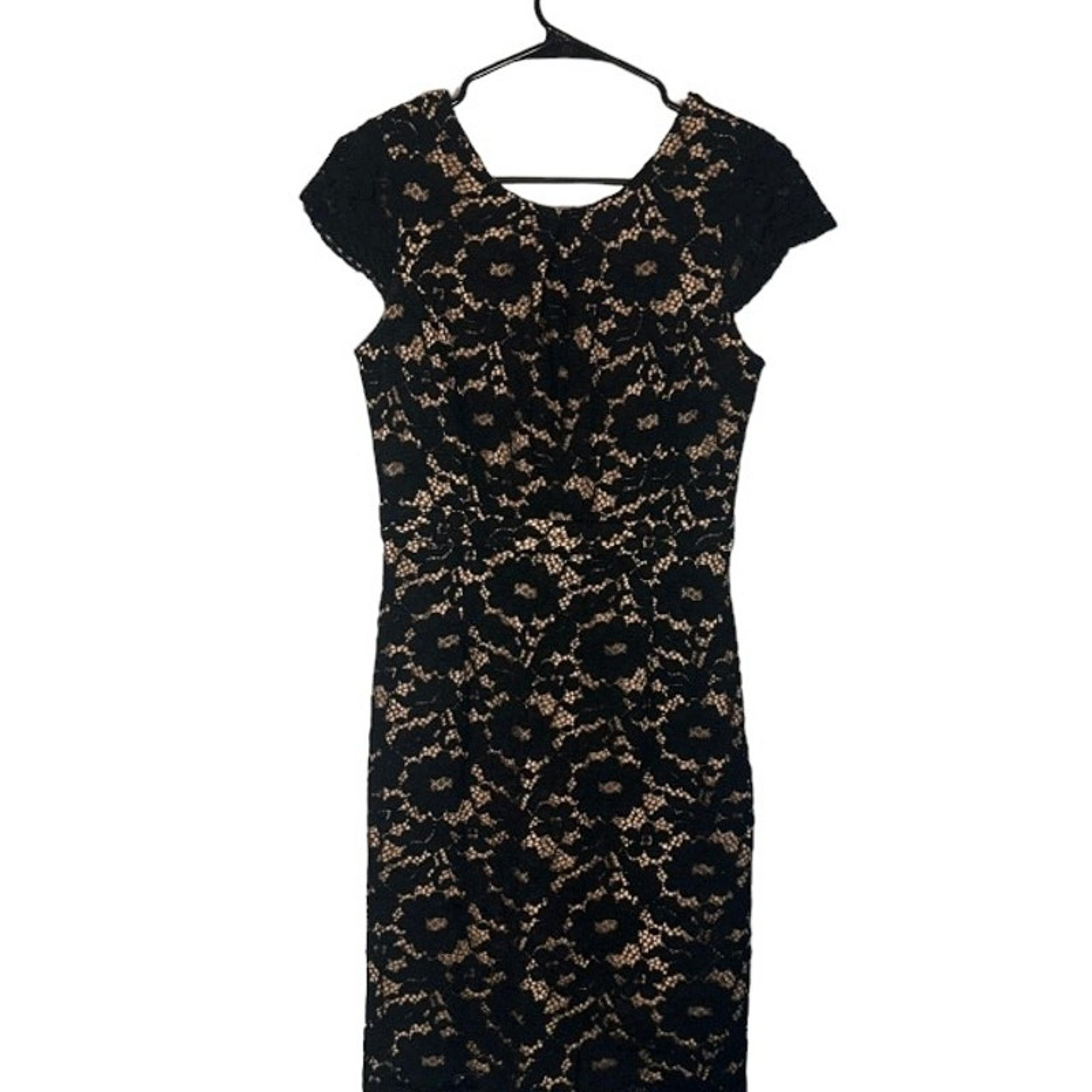 Esley Black & Cream Lace Overlay Short Capped Sleeve Bodycon Dress Women Sz S