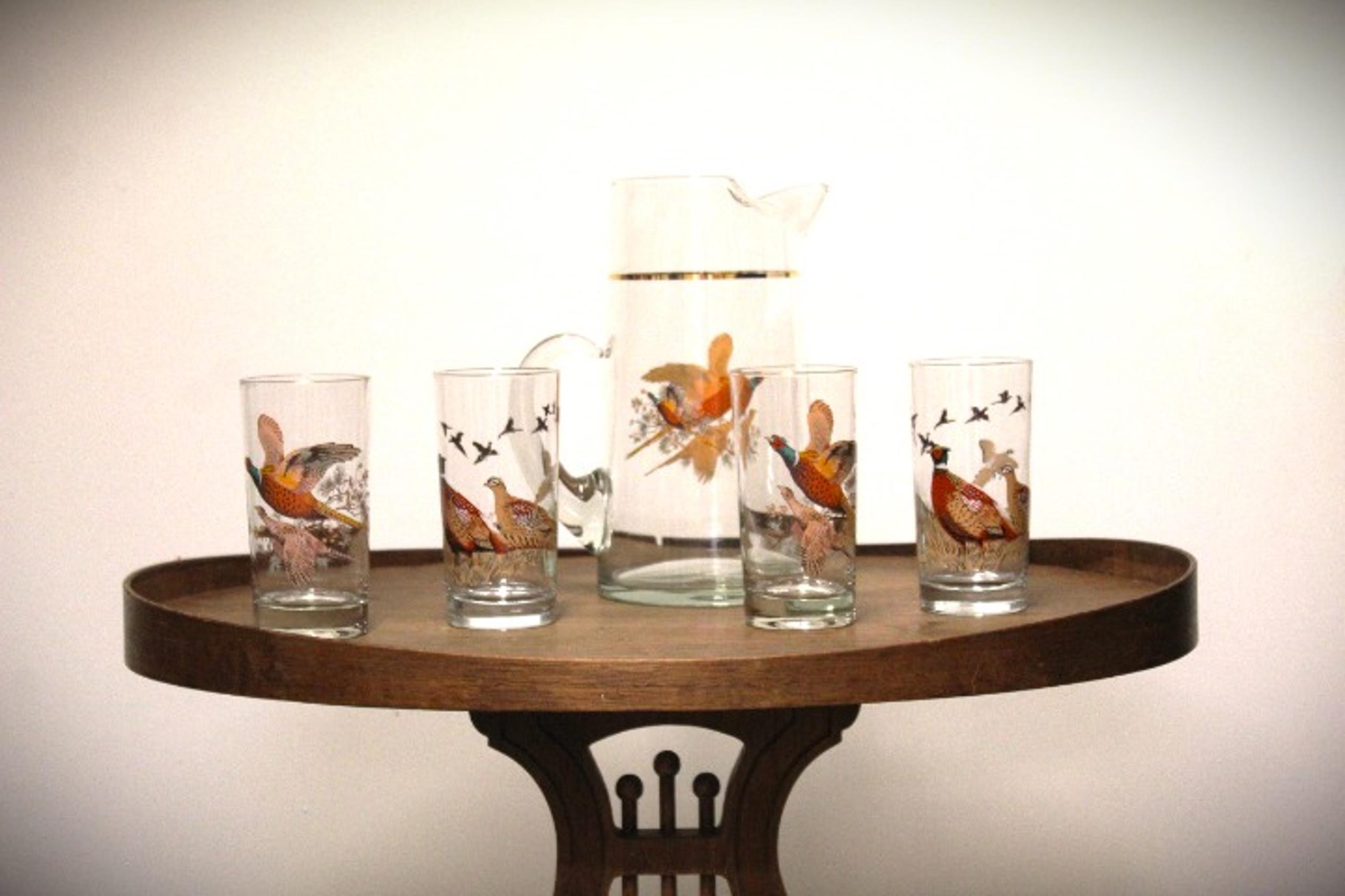 Vintage West Virginia Glass Pheasants In Flight Set of 4 Glasses & 1 Pitcher MCM