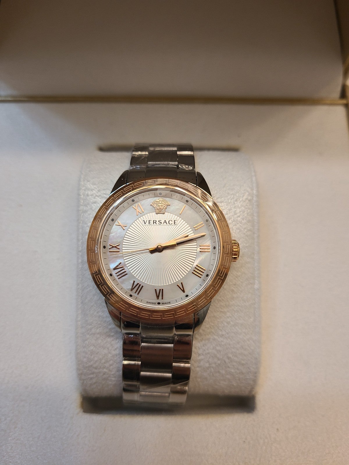 VERSACE GOLD ROMAN NUMERAL MOTHER OF PEARL WATCH