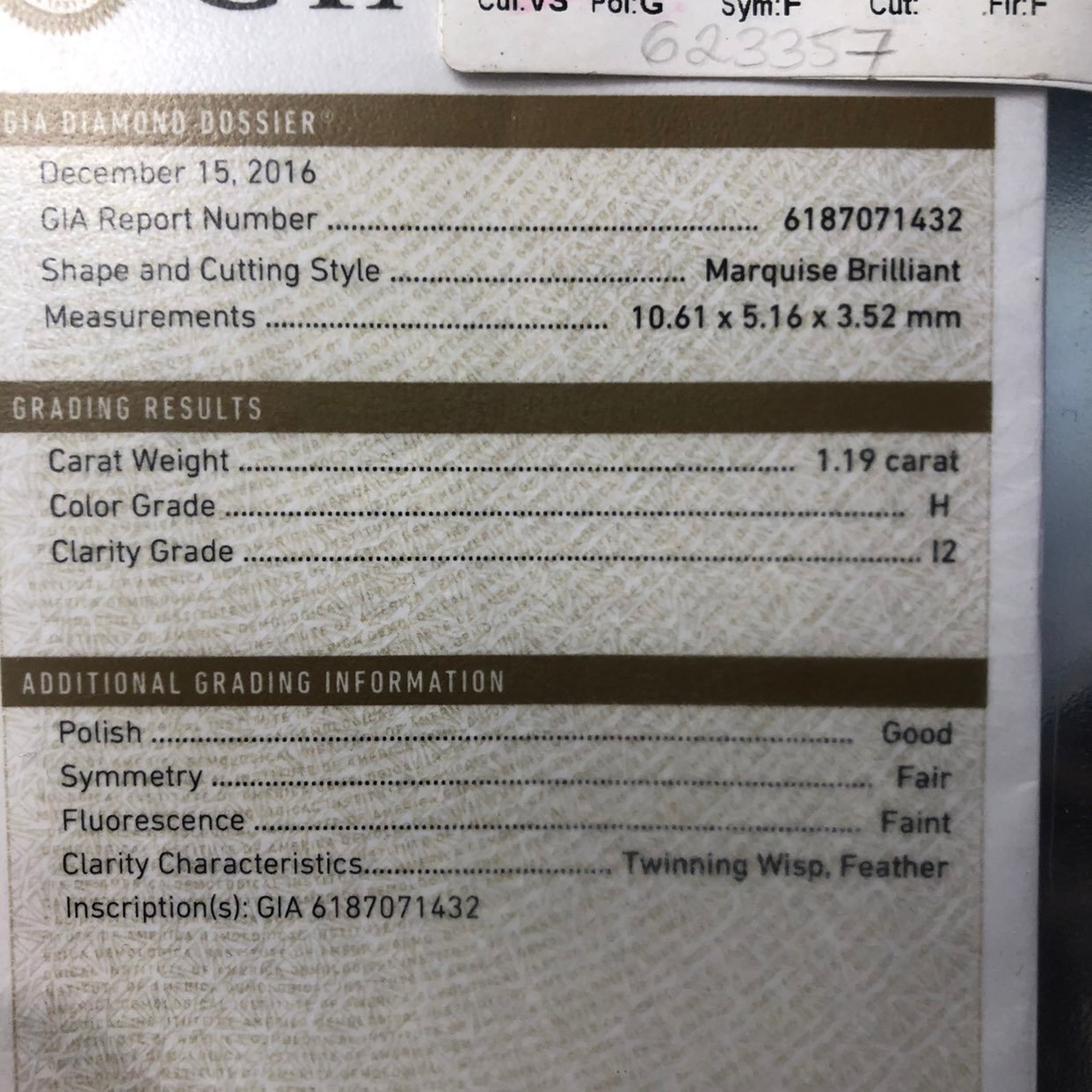 Gia certified marqise diamond 1.19 ct