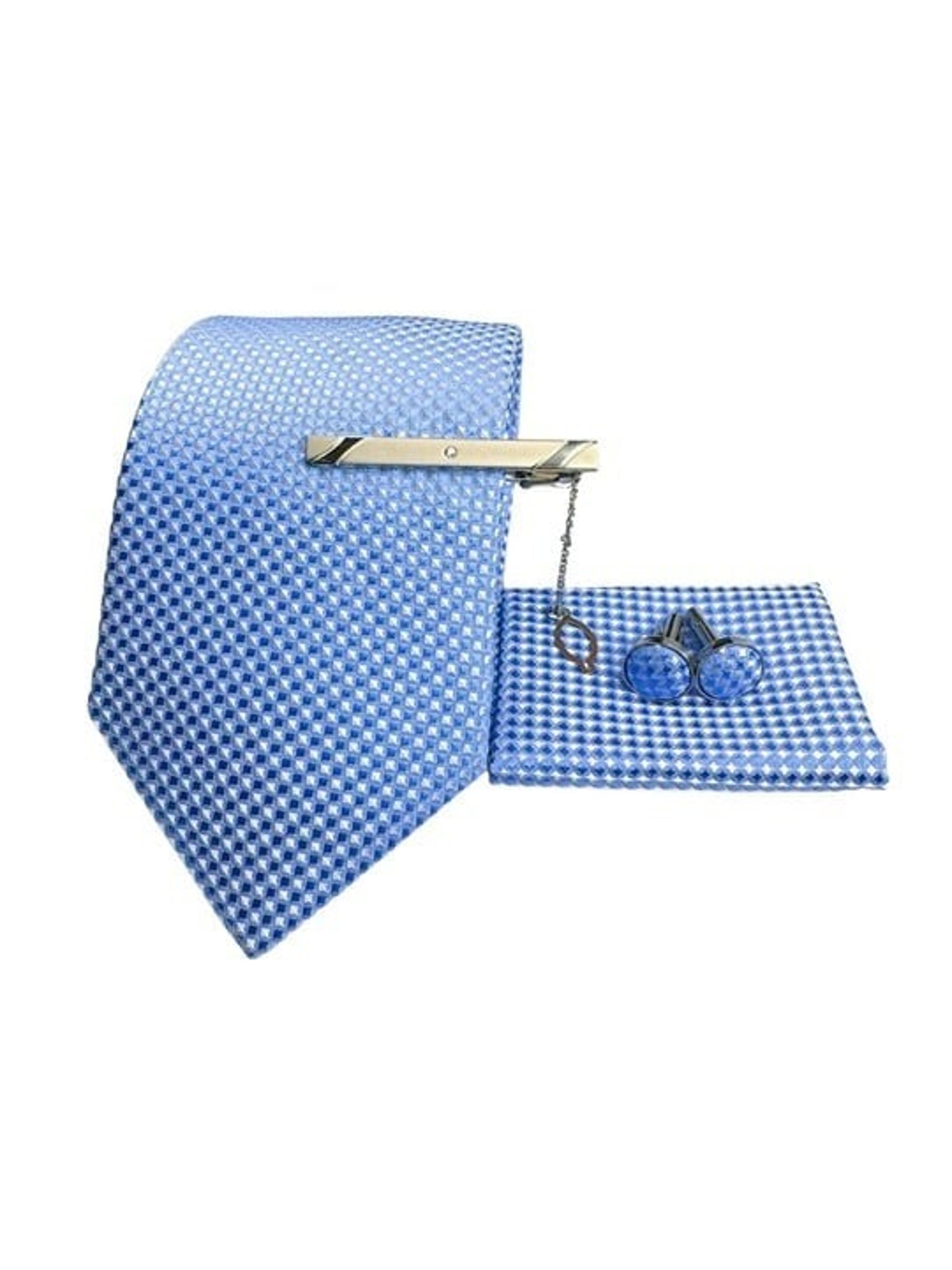 Men’s Blue Formal Tie with matching cufflinks, pocket square and clip