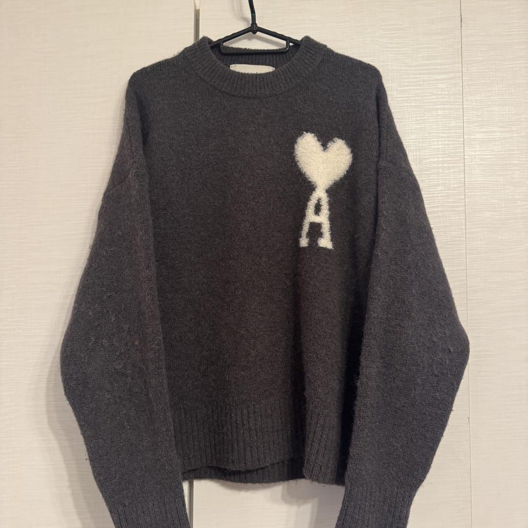 ami Grey Heart Embroidered Knit Sweater