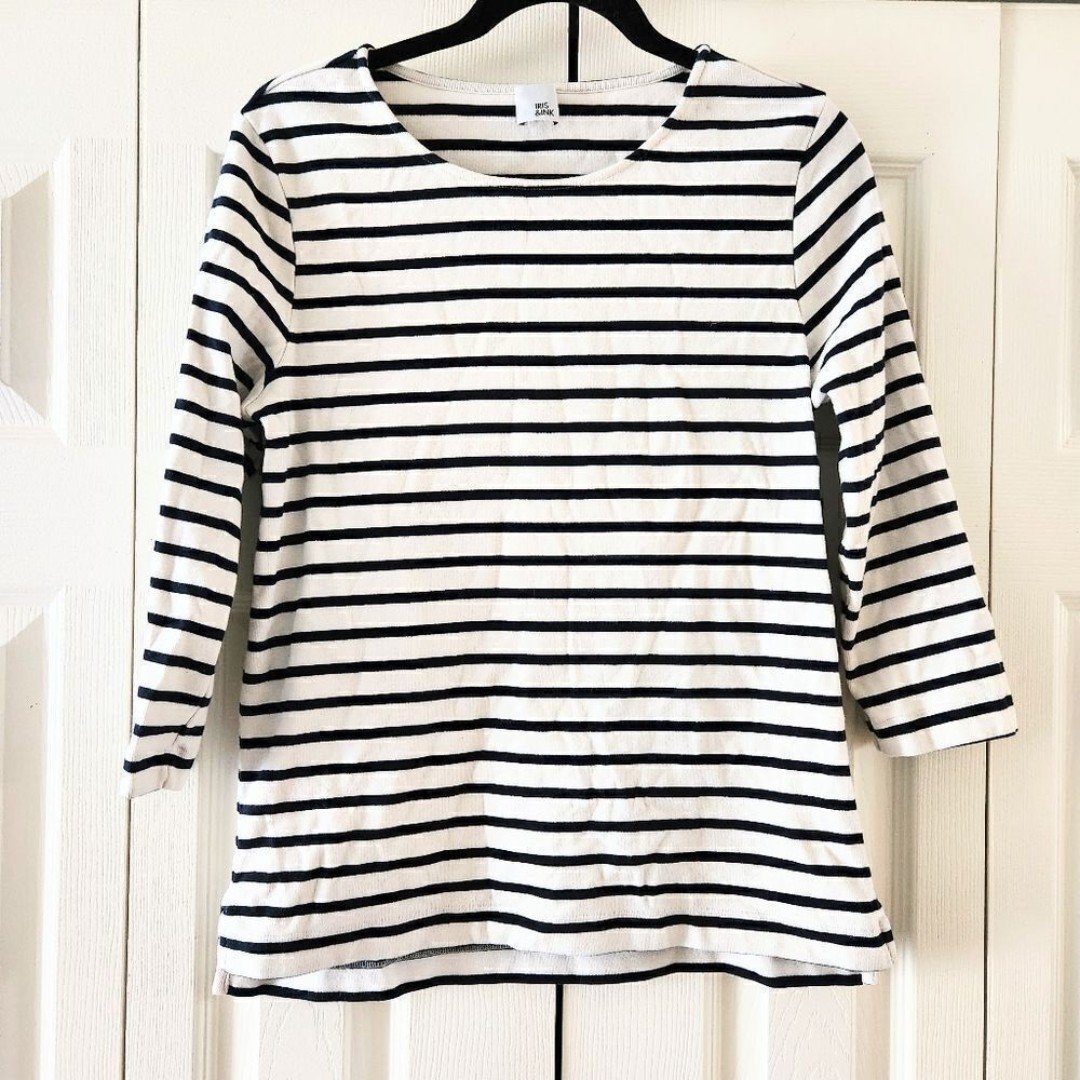 Iris & Ink Ivory Black Stripe Boatneck Top Large