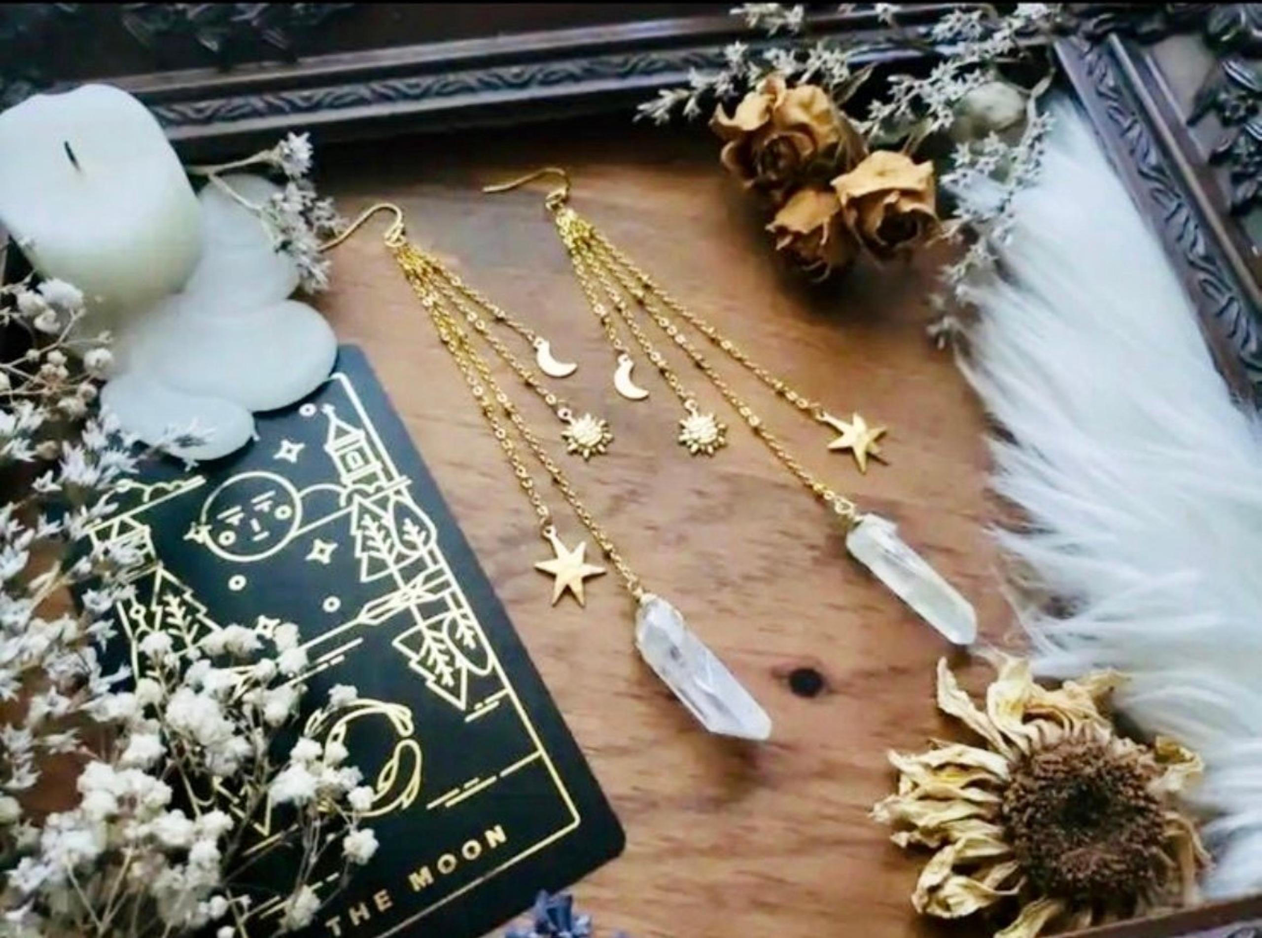 Anthropologie 18K celestial moon and stars chain quartz earrings