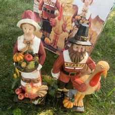 NIB 14” Autumn Harvest Resin Pilgrim Couple with Turkeys Corn Pumpkins