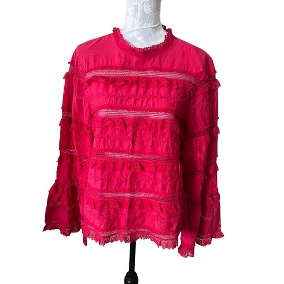 Ulla Johnson Grace Blouse Womens Shirt Top Fuschia Ruffle Long Sleeve NWT Sz 10