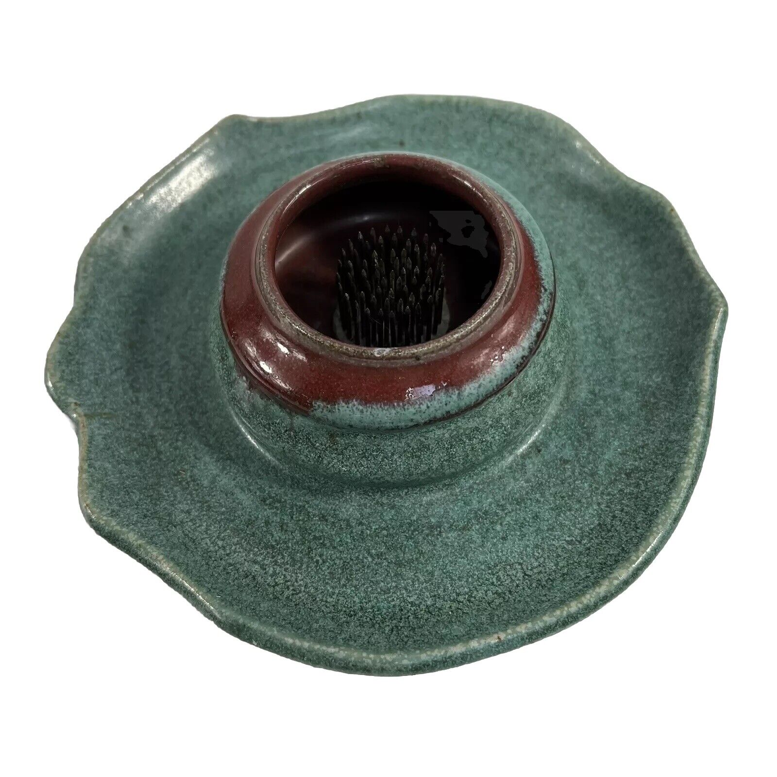 Studio Art Pottery Stoneware Flower Frog Signed Floral Arrangement Boho Teal