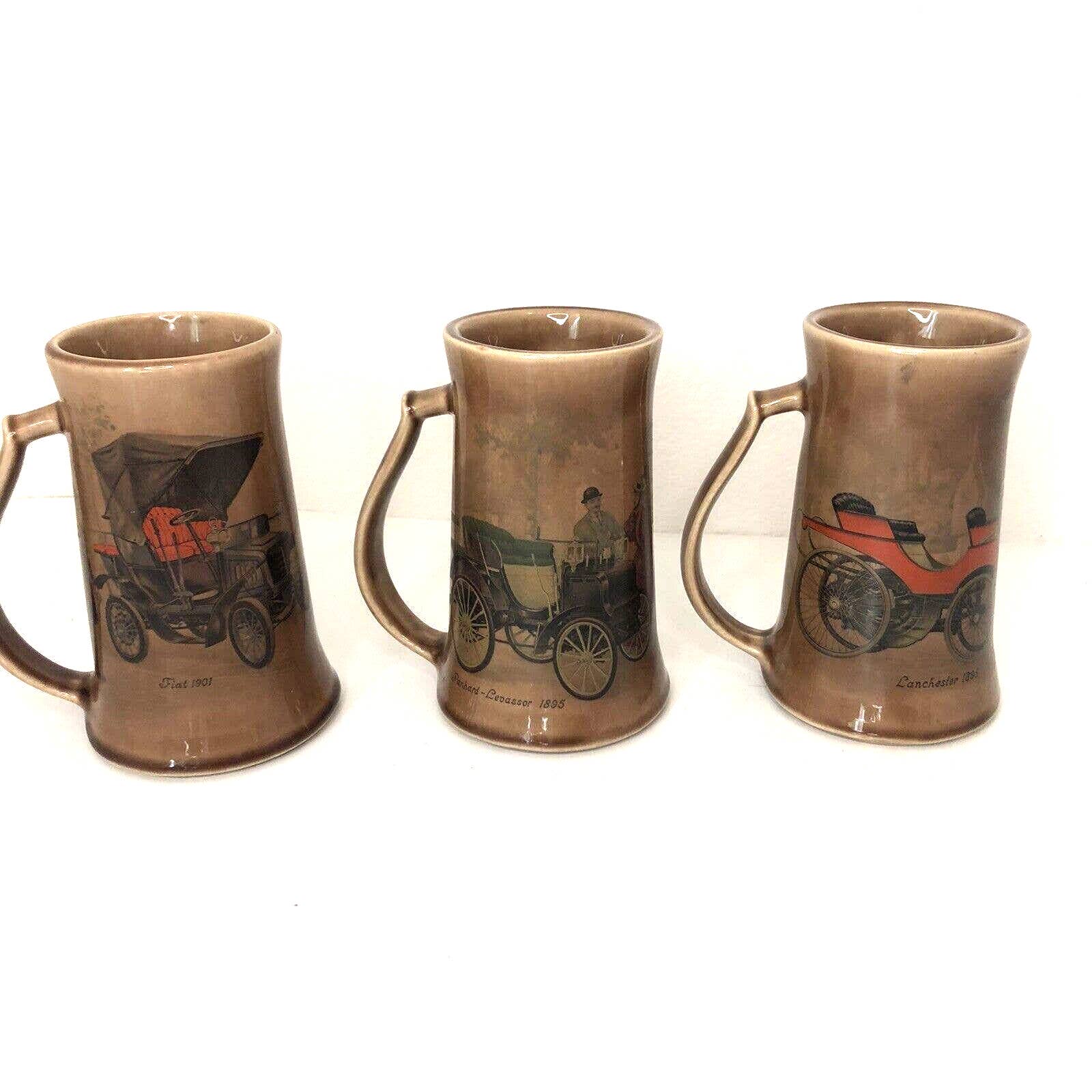 Vintage car mug set fiat Lanchester 1895 panhard levassor 1895 made in USA