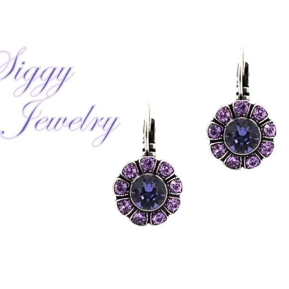 Tanzanite and Violet Austrian Crystal Daisy Flower Earrings