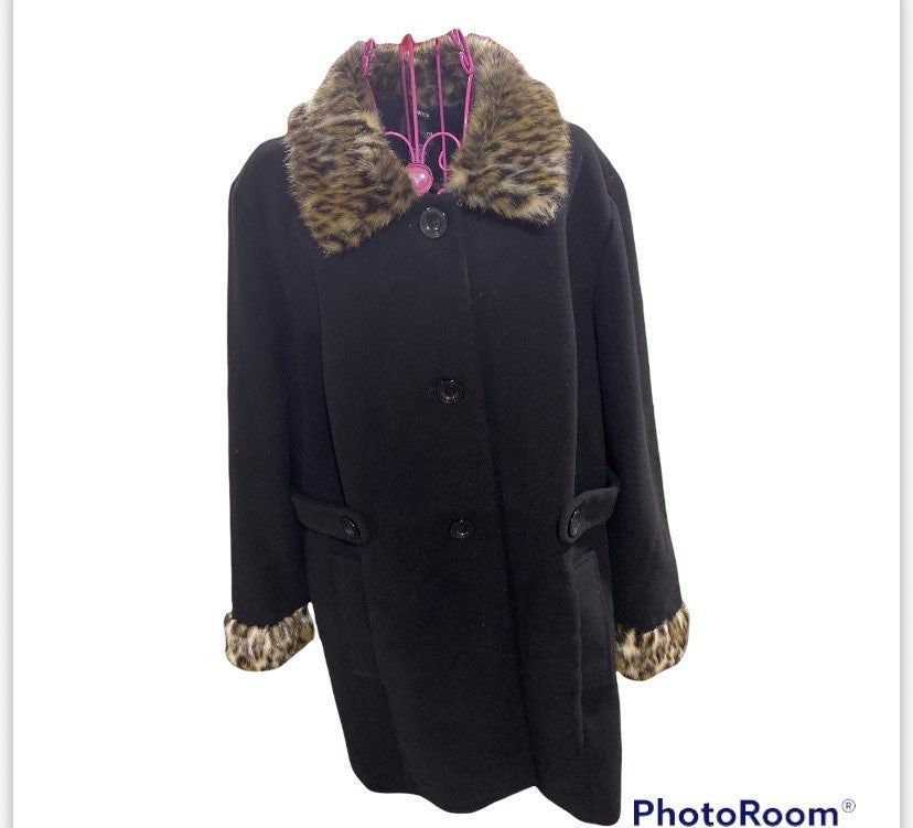 Style &Co Black Leopard Print Trim Style Pea Coat Size 20W