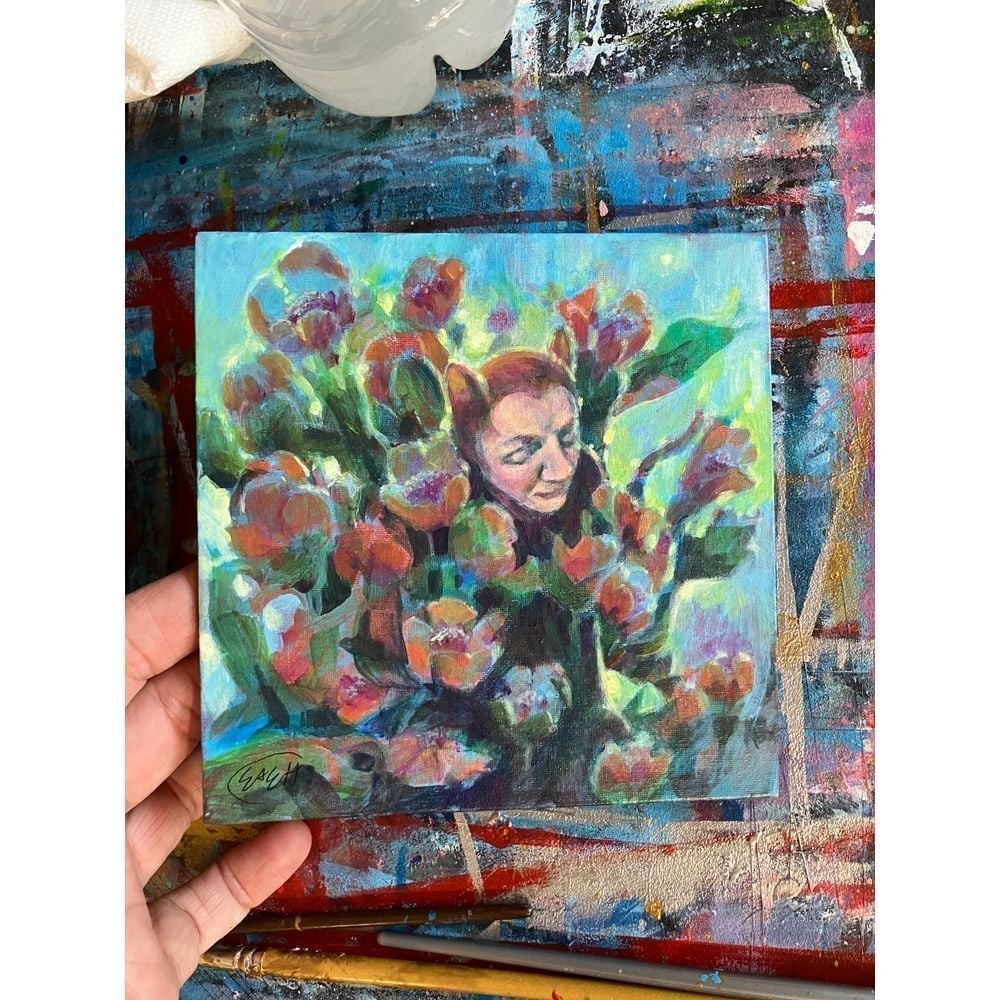 original painting cat floral fairy art ooak surrealism flowers artwork USA