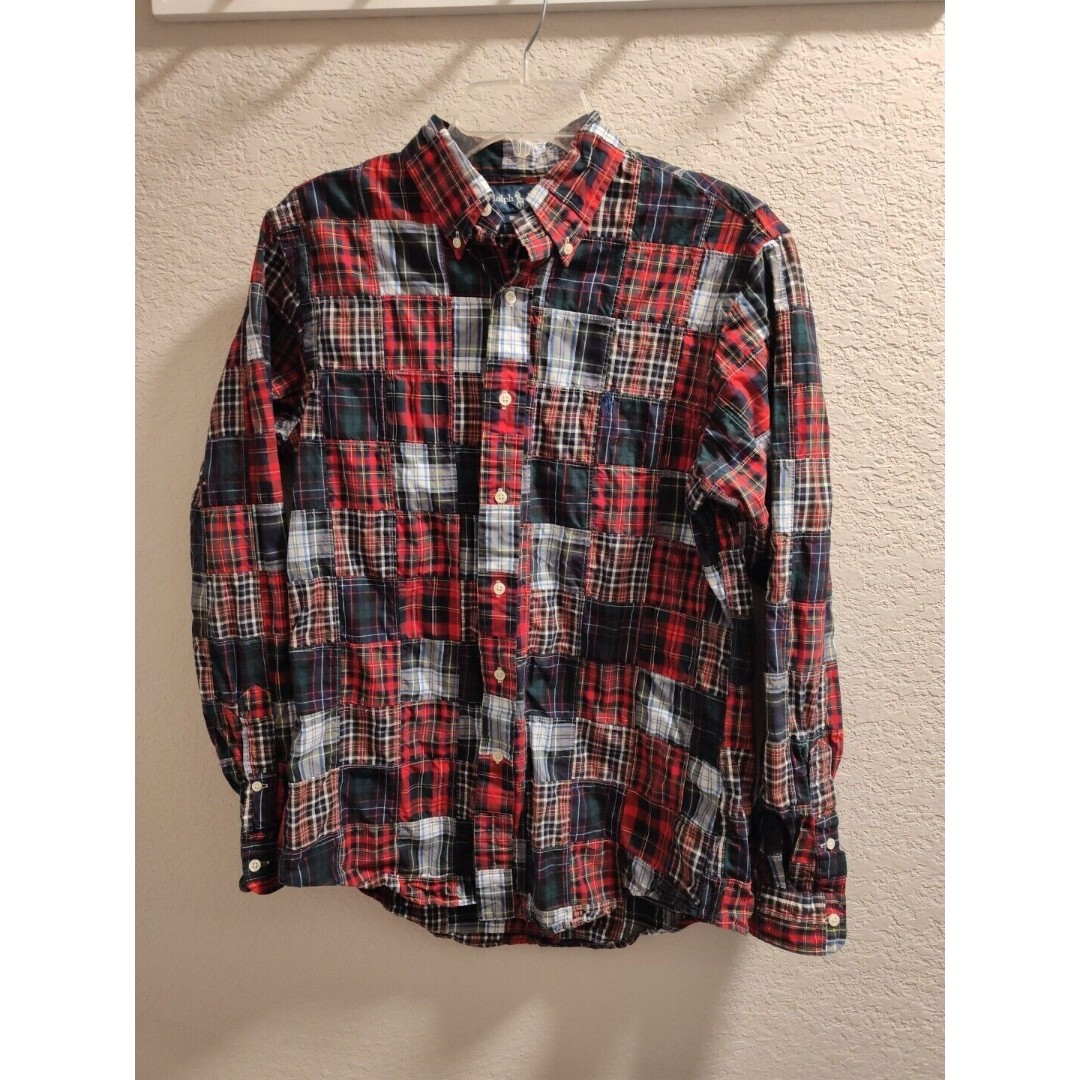 Ralph Lauren Madras Plaid Patchwork Button Down Long Sleeve Shirt Medium Custom