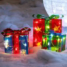 New Set of 3 Lighted Christmas Gift Boxes, Pre-lit Star Decorations for Home