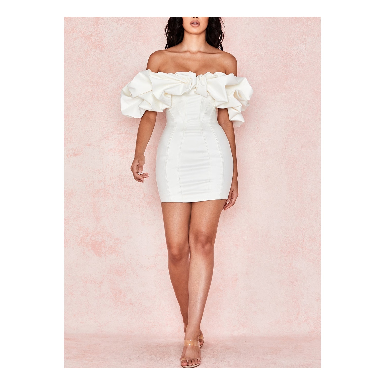 Selena ivory satin ruffle strapless dress Authenthic NWOT
