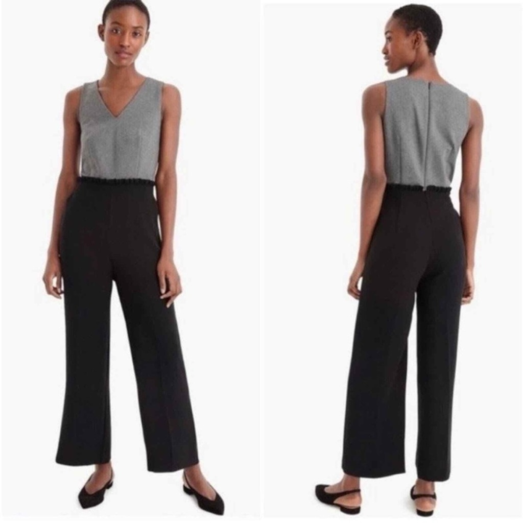 J. Crew 365 Wide Leg Jumpsuit Ruffle Waist Black Gray V Neck Size 6