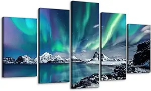 5 Piece Set Canvas Wall Art For Bedroom Blue Aurora Scenery Paintings