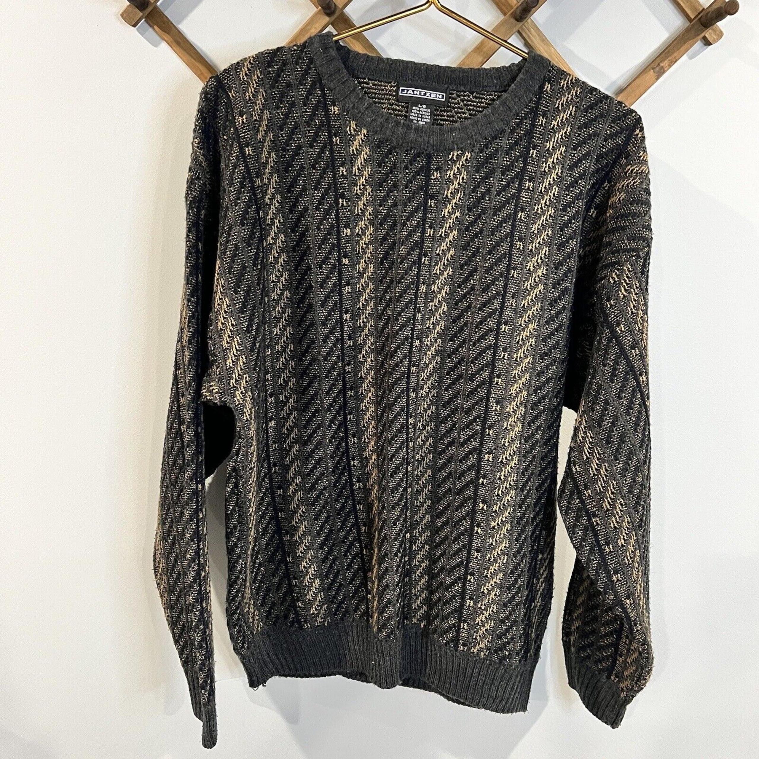 Sweater Men Large Abstract Grey Tan Vintage Crew Neck Top - Jantzen