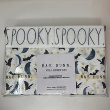 Rae Dunn Spooky Halloween FULL Size Sheet Set White Bat Moon Stars Fall 2022